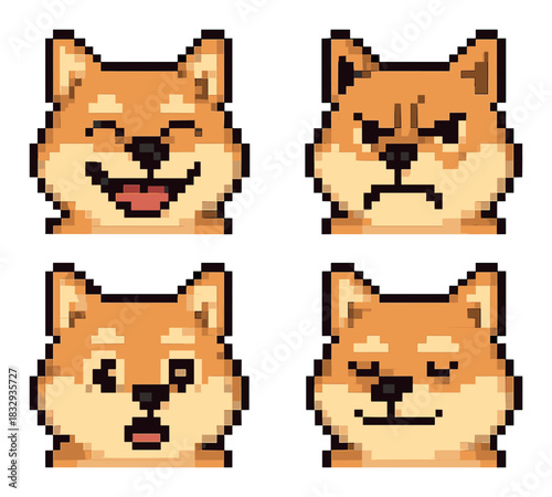 Pixel art dog faces with different expressions on beige background