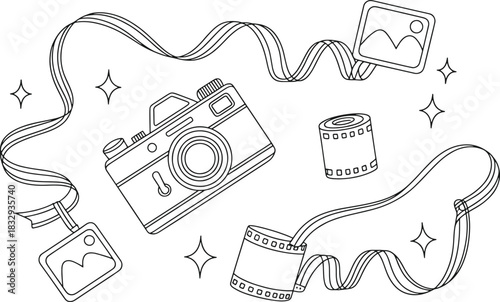 Black and white line art of a vintage camera film rolls and framed photos with sparkling stars film strip