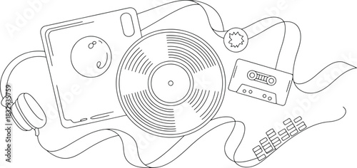 Black and white line art illustration of vintage audio equipment and tape vinyl record cassette tape