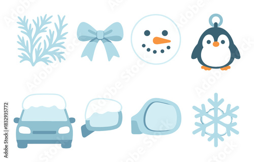 Frosty winter icons: snowman, penguin, snowflake, car, gift bow
