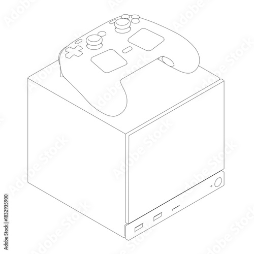 A black and white contour drawing of a game console features a prominent joystick on its surface.