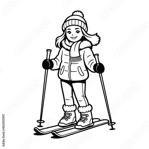 Cartoon Girl in Winter Gear Skiing with Poles and Skis on White Background child