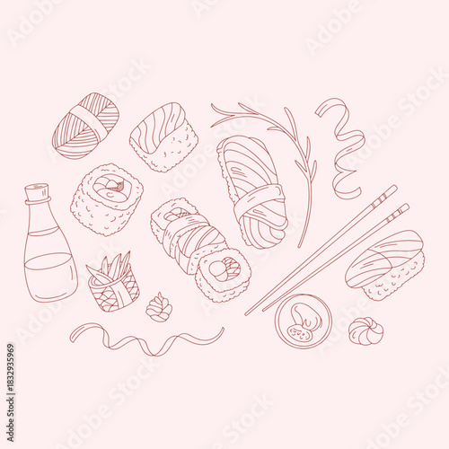 Hand drawn sushi and soy sauce bottle with chopsticks on pink background sashimi maki