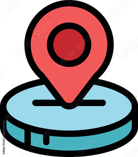 Red location pin pointing place on blue map icon showing destination for navigation and travel