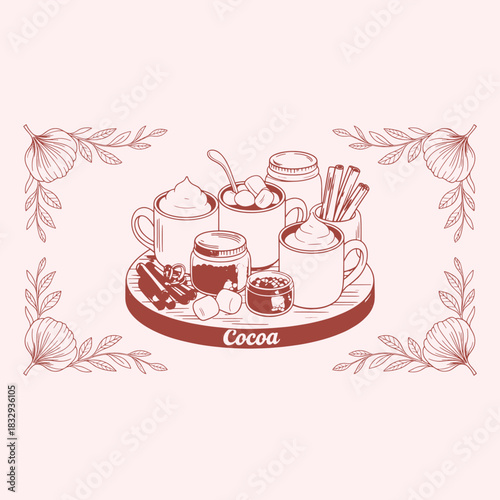Hand drawn illustration of cocoa ingredients and drinks with decorative floral corners hot chocolate