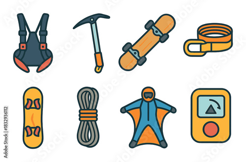 Adventure gear icons: climbing, snowboarding, wingsuit, skateboard, rappel