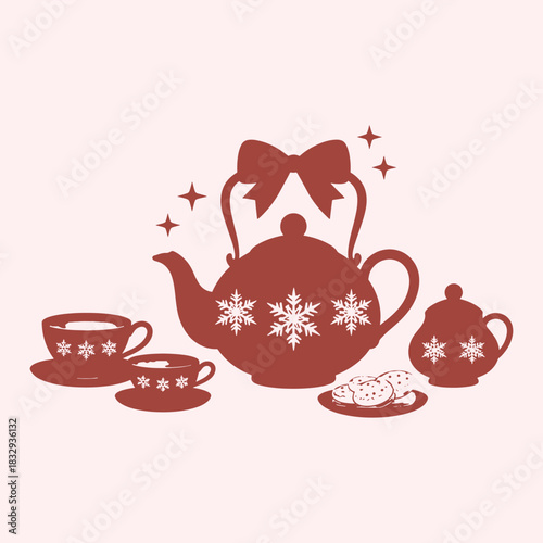 Red teapot cups and cookies with snowflakes and bow on pink background tea cup saucer