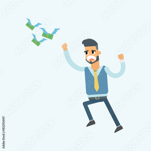 Ambitious businessman running with a net trying to catch flying money bills