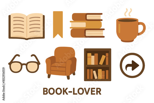 Cozy reading icons set with books, chair, coffee, and glasses
