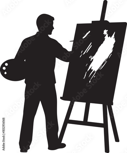 Silhouette of an artist painting on an easel with a palette