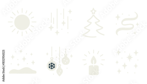 Glowing christmas icon set with tree, moon, and candle on dark background
