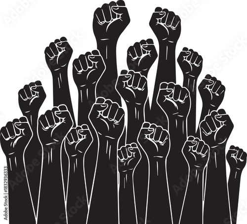 Raised fists symbolizing protest and solidarity in black and white