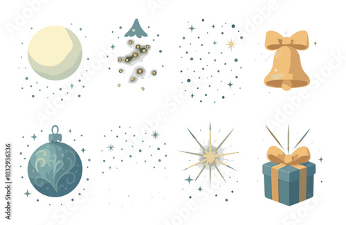 Festive christmas patterns with bell, tree, ornament, and gift box