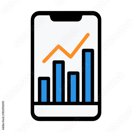 Smartphone screen displaying financial graph with rising orange line and blue bar chart on pure white background minimalist flat vector art sticker style 2d