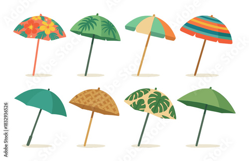 Colorful patterned beach umbrellas on gradient background