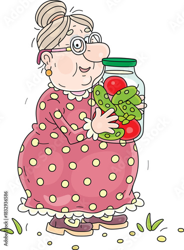 Happy granny holding a glass jar of canned red tomatoes and green cucumbers in vinegar and brine from her kitchen garden, vector cartoon illustration on a white background