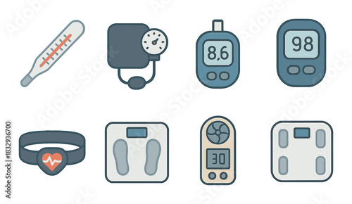 Medical devices icons set: thermometer, blood pressure, glucose monitor, heart rate, scale