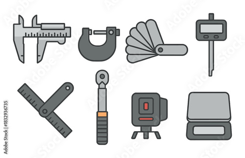 Precision measurement tools: calipers, micrometer, gauge, dial indicator, square, ratchet