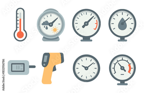 Measuring tools and indicators for temperature, weather, pressure, and speed