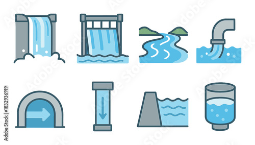 Water management icons: dam, reservoir, river, pipe, tunnel, flow, hydration