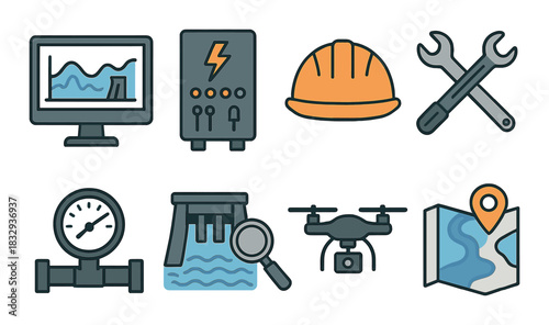 Industrial tools and technology icons featuring helmet, wrenches, and drone