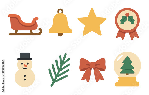 Christmas icons featuring sleigh, bell, star, mistletoe, snowman, pine, bow, and snow globe