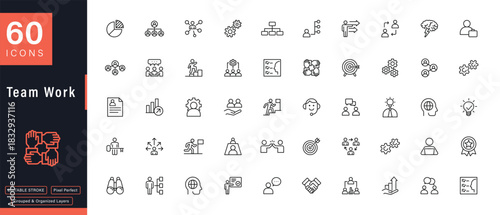 60 Team Work and Business Management Line Icons Set