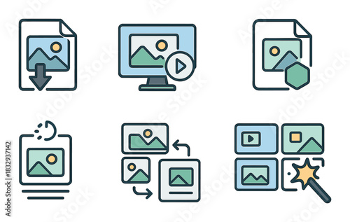 Digital image editing icons set: download, play, settings, sync, gallery, organize
