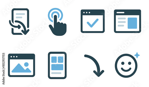 Glowing ui elements: touch gesture, scroll, checkmark, browser, gallery icons