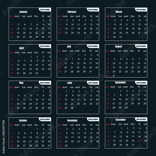 A complete year calendar displayed in a grid of twelve monthly pages