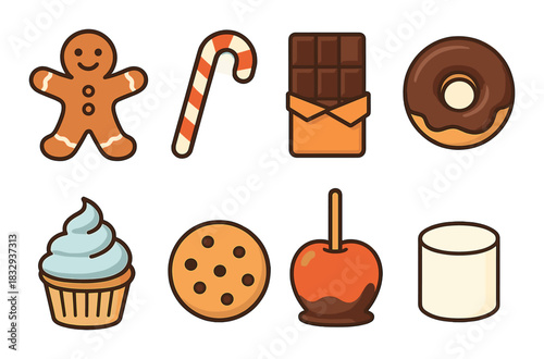 Assorted sweet treat icons: gingerbread, candy cane, chocolate, donut, cupcake, cookie, caramel apple, marshmallow