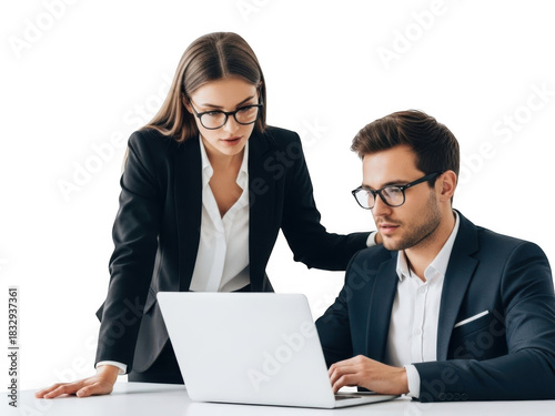 Two business professionals, a woman standing and a man sitting, collaborating intently over a white laptop computer, isolated on transparent background