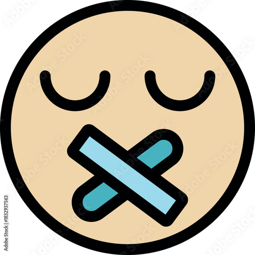 Cartoon emoticon with closed eyes and mouth sealed with blue tape, expressing the concept of secrecy and silence