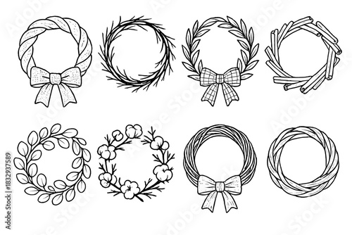 Rustic Wreath Icons. Rustic Wreath Variations linear icon set. burlap ribbon wreath, twig branch wreath, plaid bow wreath, cinnamon stick wreath, eucalyptus wreath, cotton stem