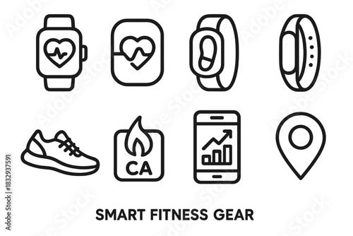 Smart Fitness Icons. Smart Fitness Gear linear icon set. smartwatch, heart rate sensor, step counter, fitness band, running shoe, calorie tracker, smartphone app, GPS pin