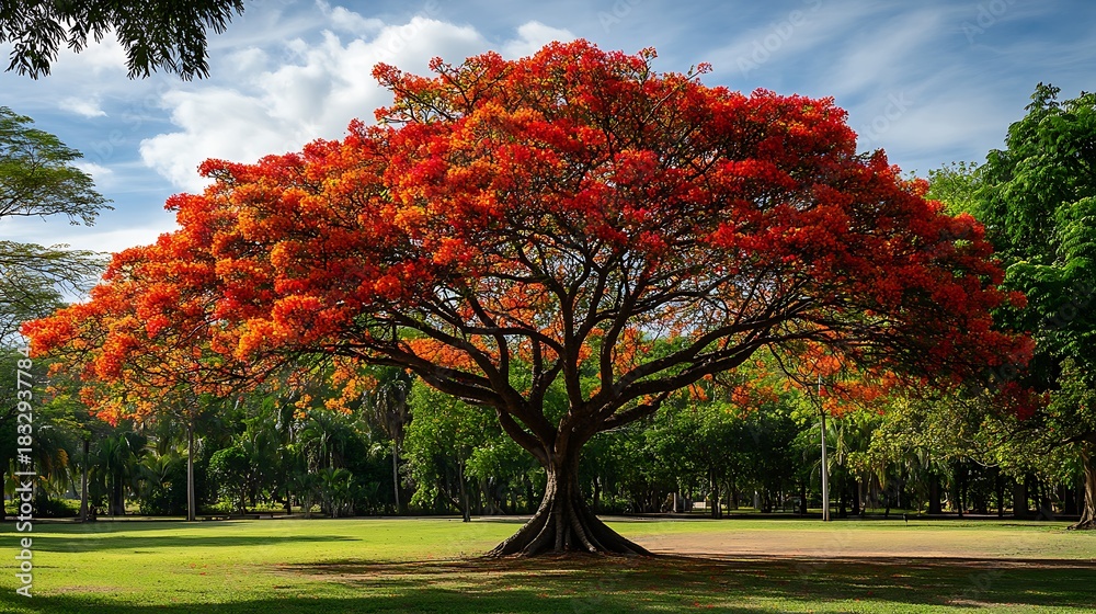 Naklejka premium Autumn park landscape with colorful fall foliage on trees, blue sky, and grass