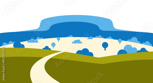 Scenic vector illustration of a road leading to a blue butte.