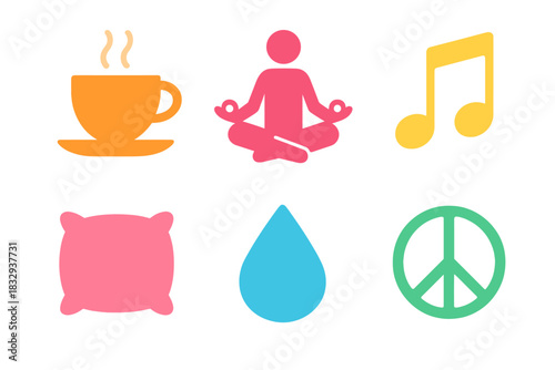 Stress Relief Icons. Stress Relief flat icon set: tea cup, yoga pose, music note, pillow, droplet, peace symbol