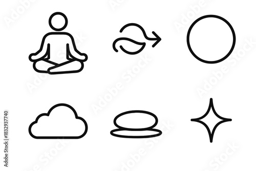 Meditative Icon Harmony. Meditation linear icon set: tranquil seat, breath loop, harmony ring, smooth pebble, restful cloud, clarity spark