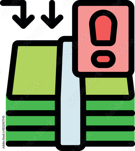 Bundle of banknotes with alert symbol and downward arrows representing financial risk, loss, and economic downturn