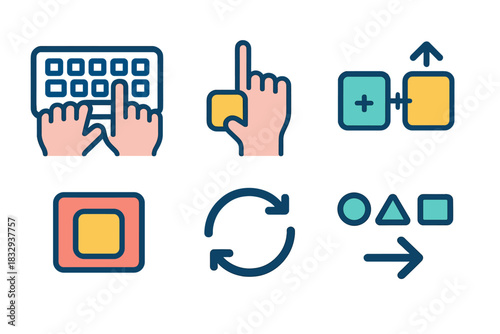 Minimal Keyboard Icons. Keyboard Actions flat icon set: typing fingers, key press, key release, shortcut combo, highlight key, repeat symbol, modifier icons, command arrow