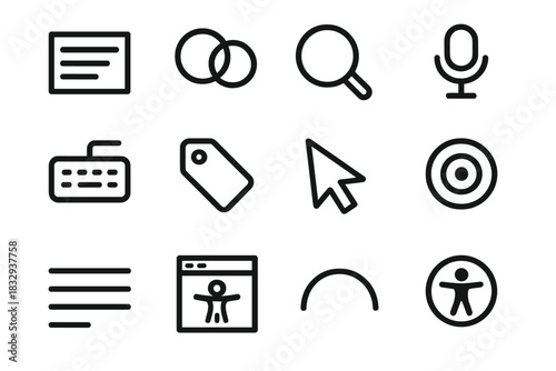 Digital Accessibility Icons. Digital Accessibility Support Collection linear icon set: readable text block, color contrast badge, screen magnifier, voice command icon, keyboard