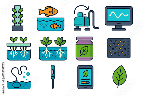 Modern Eco Aquaponics. Eco Aquaponic Technology flat icon set: hydro tower, fish pond module, recycling pump, digital monitor, floating raft, root system, nutrient solution, filter