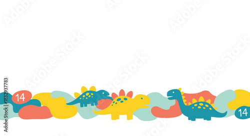 Cute Cartoon Dinosaurs and Colorful Shapes Seamless Border Design.