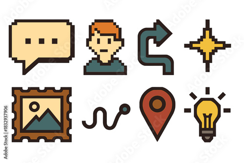 Pixel Art Story Icons. Story-Driven Messaging pixel style icon set: narrative bubble, character icon, path arrow, emotion spark, storytelling frame, unfolding line, theme marker