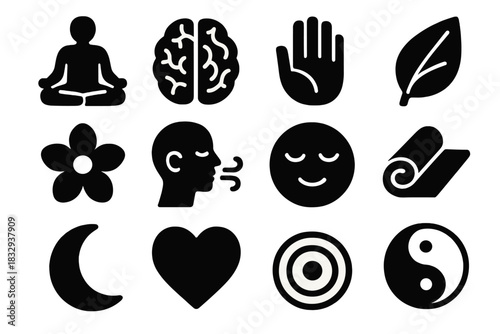 Somatic Practice Icons. Somatic Practice silhouette icon set: meditation pose, brain, hand, leaf, flower, breathing icon, calm face, yoga mat, moon, heart, water ripple, balance