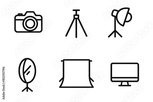 Studio Equipment Icons. Studio Setup linear icon set. camera, tripod, light reflector, backdrop, lens, monitor