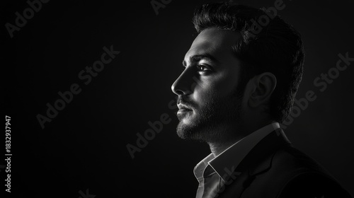 Businessman looking away in thought on black background