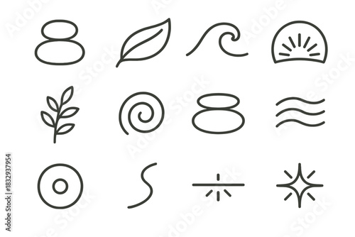 Nature Balance Icons. Nature-Inspired Balance Pack linear icon set: stone duo, curved leaf, tranquil wave, warm glow arc, plant sprig, earthy swirl, balanced ring, gentle breeze