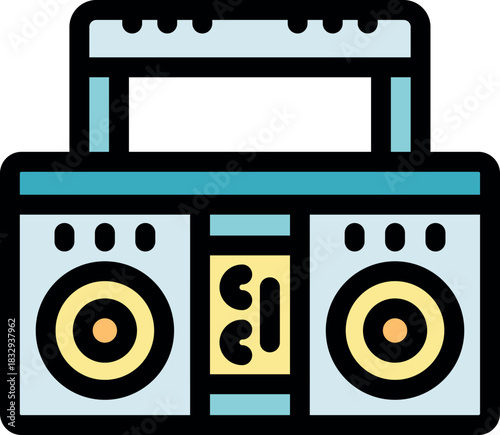 Portable stereo boombox playing a cassette tape, with handle extended for easy carrying, representing nostalgic audio technology